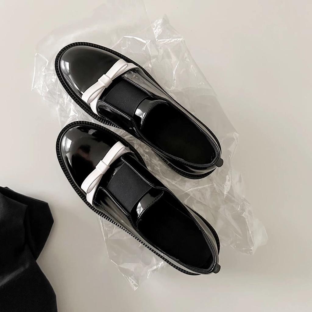 British style retro leather round head bow one-pedal loafers women's 2025 spring thick heel small leather shoes single shoes