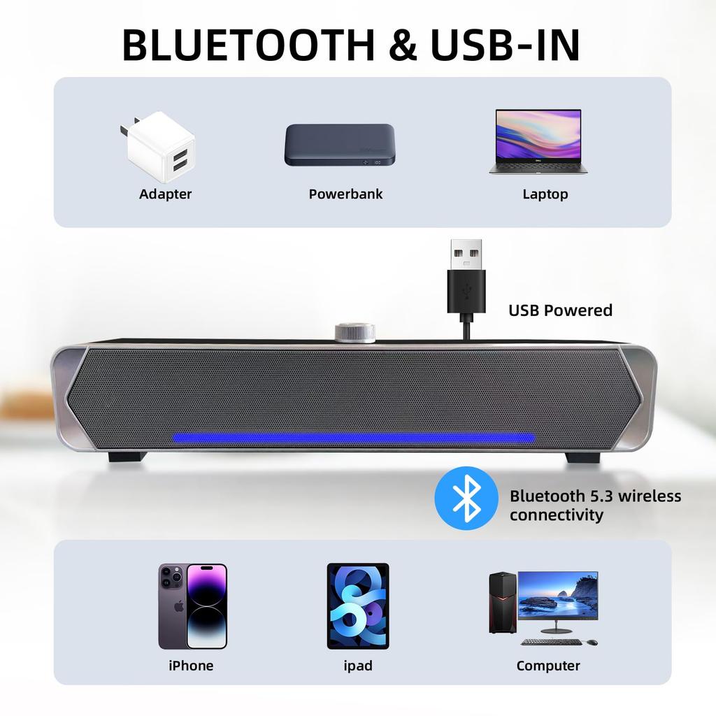 PHISSION USB-Powered Stereo Soundbar with AUX Connection for PC Speakers, TVs, Desktops, PCs, and Smartphones