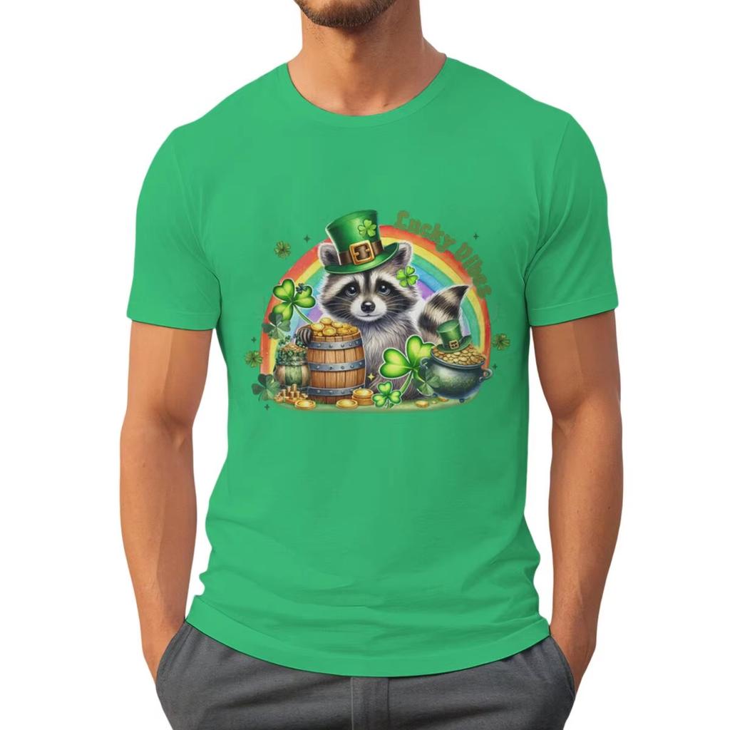St Patricks Day Raccoon Shirt Lucky Vibes Short Sleeve Round Neck Tee Cartoon Lucky Raccoon St Patricks Day Unisex TShirt