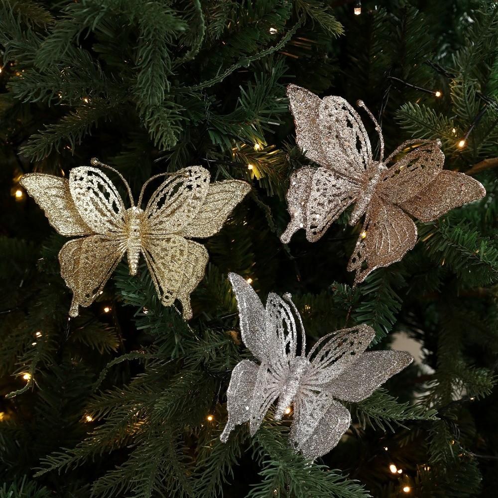 Glitter Butterfly Christmas Flower Simulated Sequins Christmas Tree Decoration Exquisite Flocking Artificial Butterfly Clip