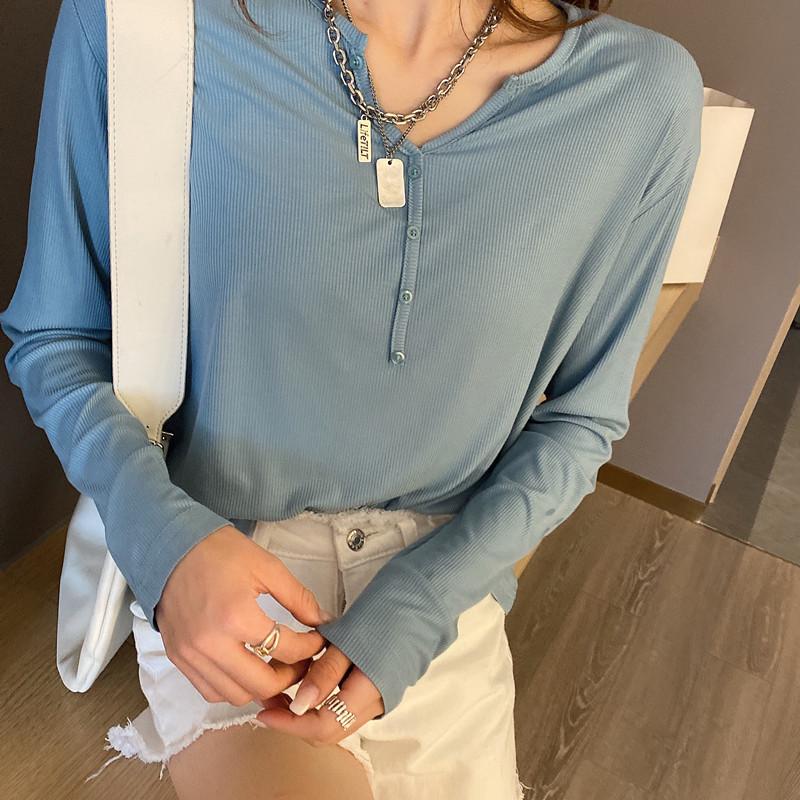 

Футболка из модала с V-образным вырезом, застежкой на пуговицы и длинными рукавами — свободный крой, однотонный, универсальный осенний топ XL: 150-180 lbs