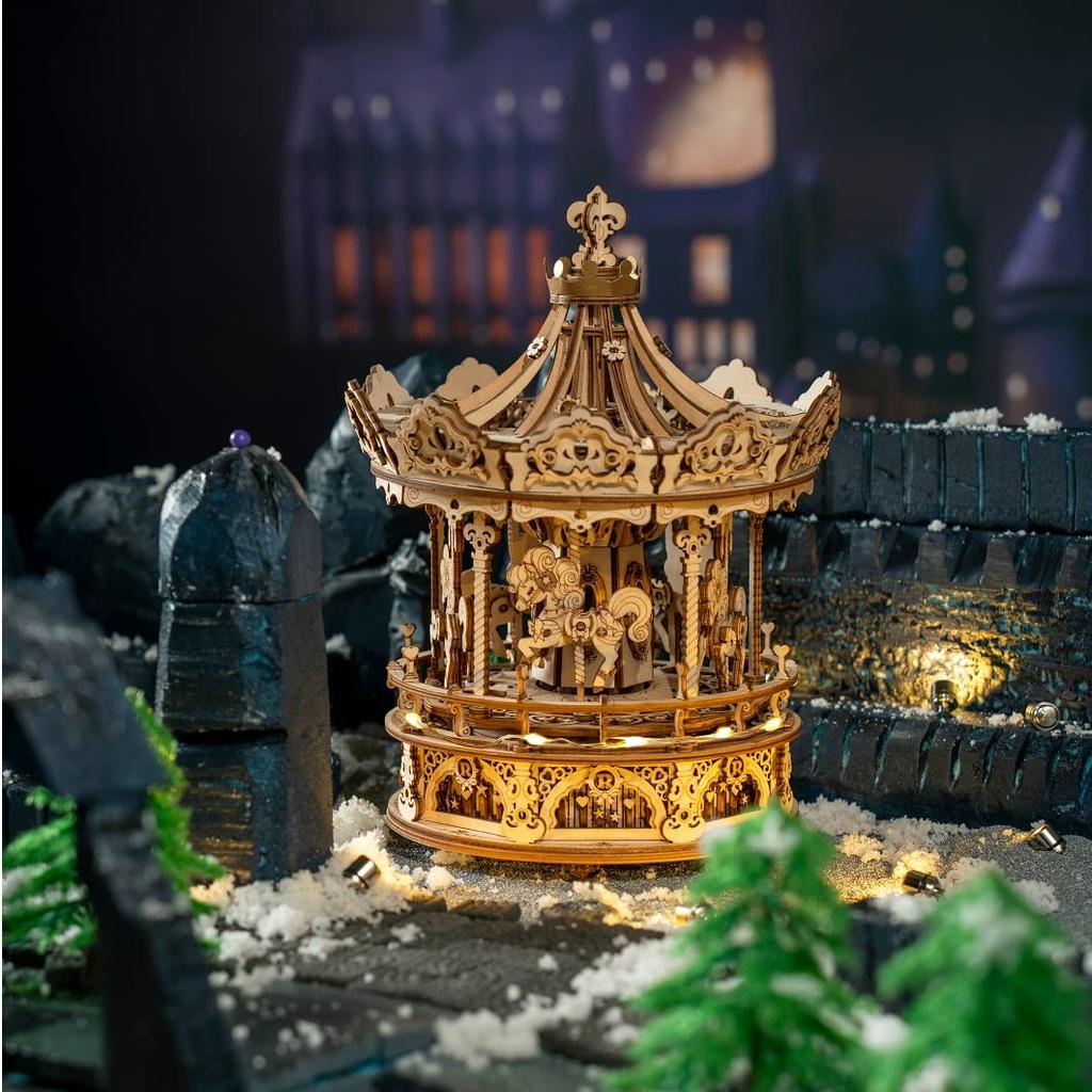 3D Moving Wooden Puzzle with LED and Music Box with Japanese Instructions Tsukurundesu® (Pony Carousel)