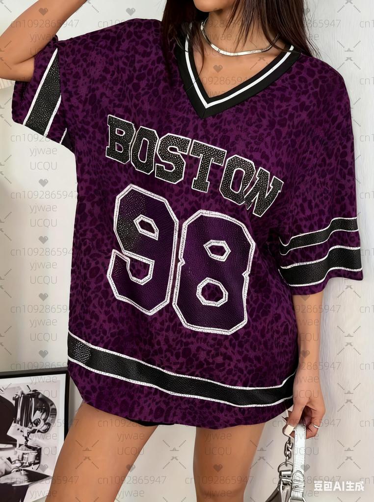 2025 Summer Women BOSTON NO.98 Print Lightweight Breathable V-Neck Short Sleeved Baseball T-Shirt Women Jersey T-Shirt