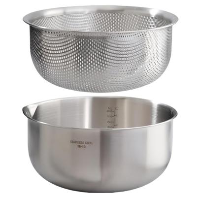 Korekaou Bowl and Colander 304 Stainless 2L 20cm X with Graduated Measuring Drainage Holes Approximately 2mm for Washing Vegetables and Dishwasher