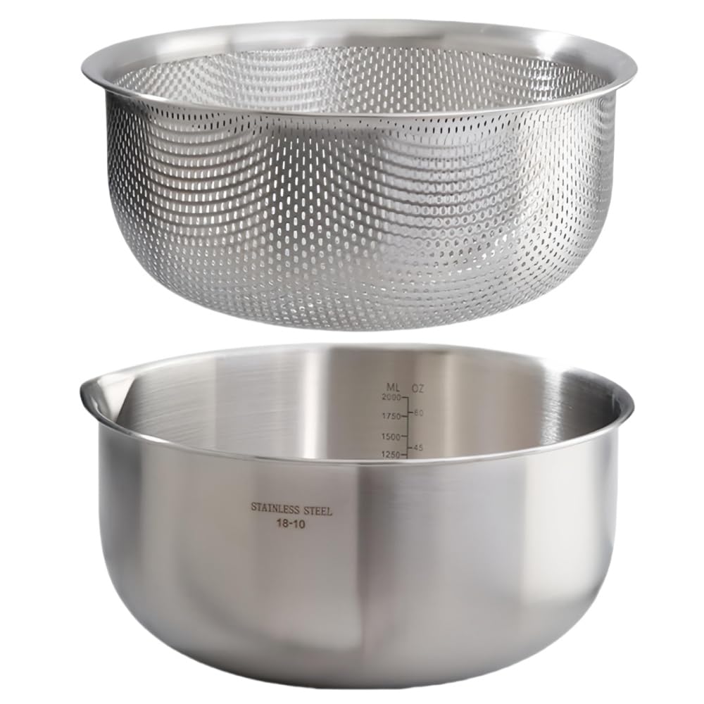 Korekaou Bowl and Colander 304 Stainless 2L 20cm x with Graduated Measuring Drainage Holes Approximately 2mm for Washing Vegetables and Dishwasher