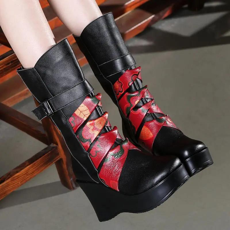 Fashion GKTINOO New Fashion Genuine Leather Women's Boots Mid-Calf Winter Warm Shoes Casual Women Wedges Shoes Woman Motorcycle Boots