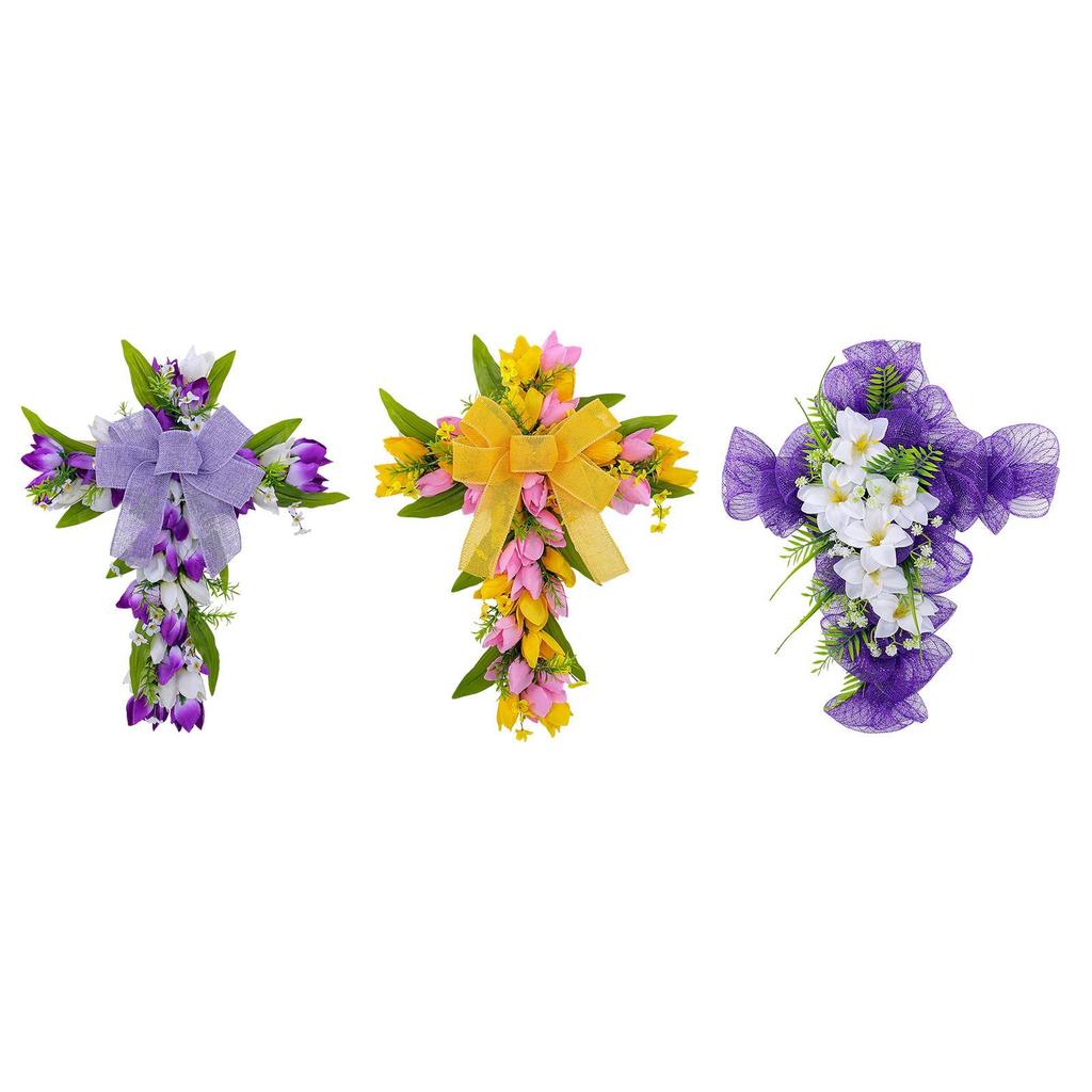Artificial Flower Wreath Garland Hanger Easter Cross Wreath Tulip Door Wreath for Festival Front Door Indoor Window Housewarming