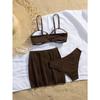 Women's Brown Ribbed Metal Detail Bikini Three-Piece Swimsuit with Skirt Cover-Up