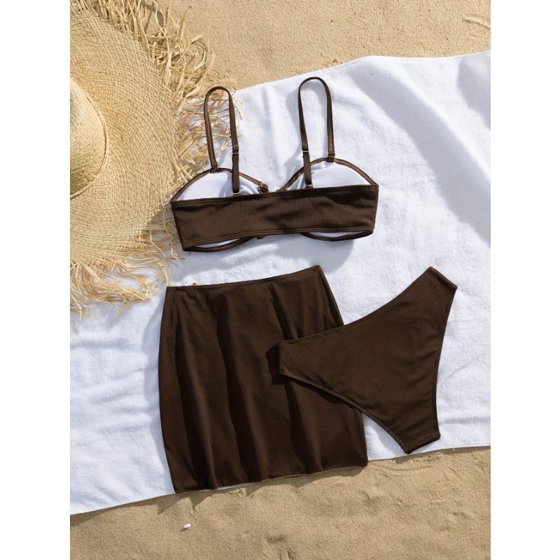Women's Brown Ribbed Metal Detail Bikini Three-Piece Swimsuit with Skirt Cover-Up