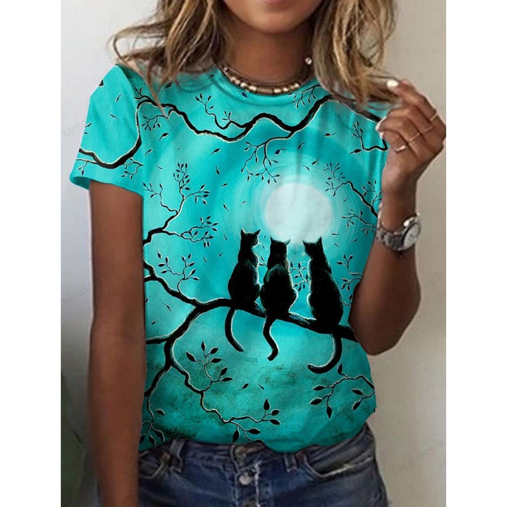 Summer women's cute cat 3D printed T-shirt women's fashionable round neck short sleeved T-shirt animal top T-shirt clothing