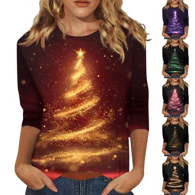 Women's Fashionable Casual Three Quarter Sleeve Christmas Printed Collar Pullover Top