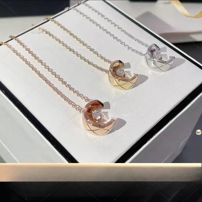 Diamond Plaid Water Ice Moon Necklace for Women Fashion Half Moon Curve Pendant Collarbone Chain