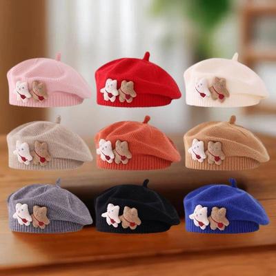 1Pc Adorable Bear Strap Warm Beanie Hat Knitted Beret for Baby Girls Autumn Winter Solid Color Artist Caps
