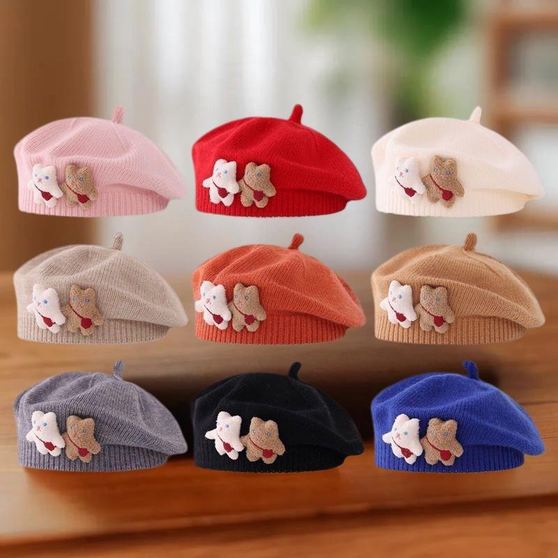 1Pcs Cute Strap Bear Warm Beanie Cap Solid Color Knitted Baby Beret Hat For Kids Girls Autumn Winter Artist Painter Caps