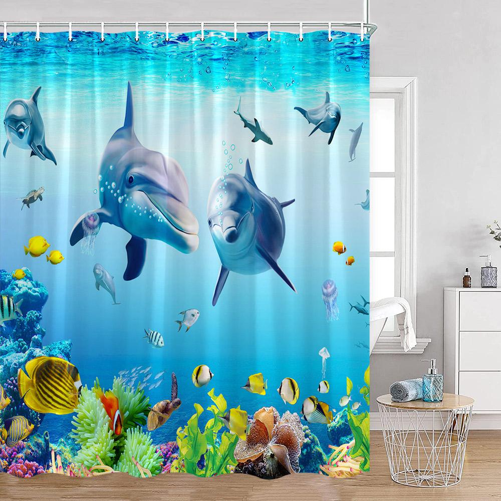 Ocean Animals Shower Curtains Undersea Tropical Fish Dolphins Coral Under Sea Home Decorations Summer Bath Curtains with Hooks