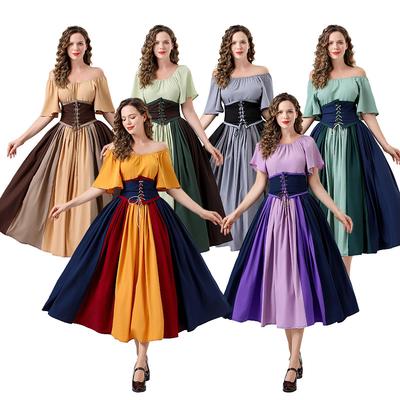 European and American Retro Dress Contrasting Color Splicing Feifei Sleeves Lace Waist Princess Dress One-word Shoulder Dress Skirt Tutu Skirt