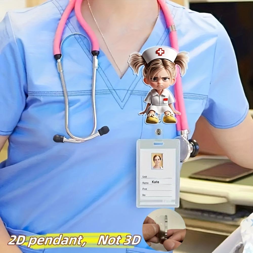 2D Flat Acrylic Cartoon Nurse & Doctor Card Holder, Retractable Badge Reel, Hospital ID Badge & Chest Pin for Doctors & Nurses