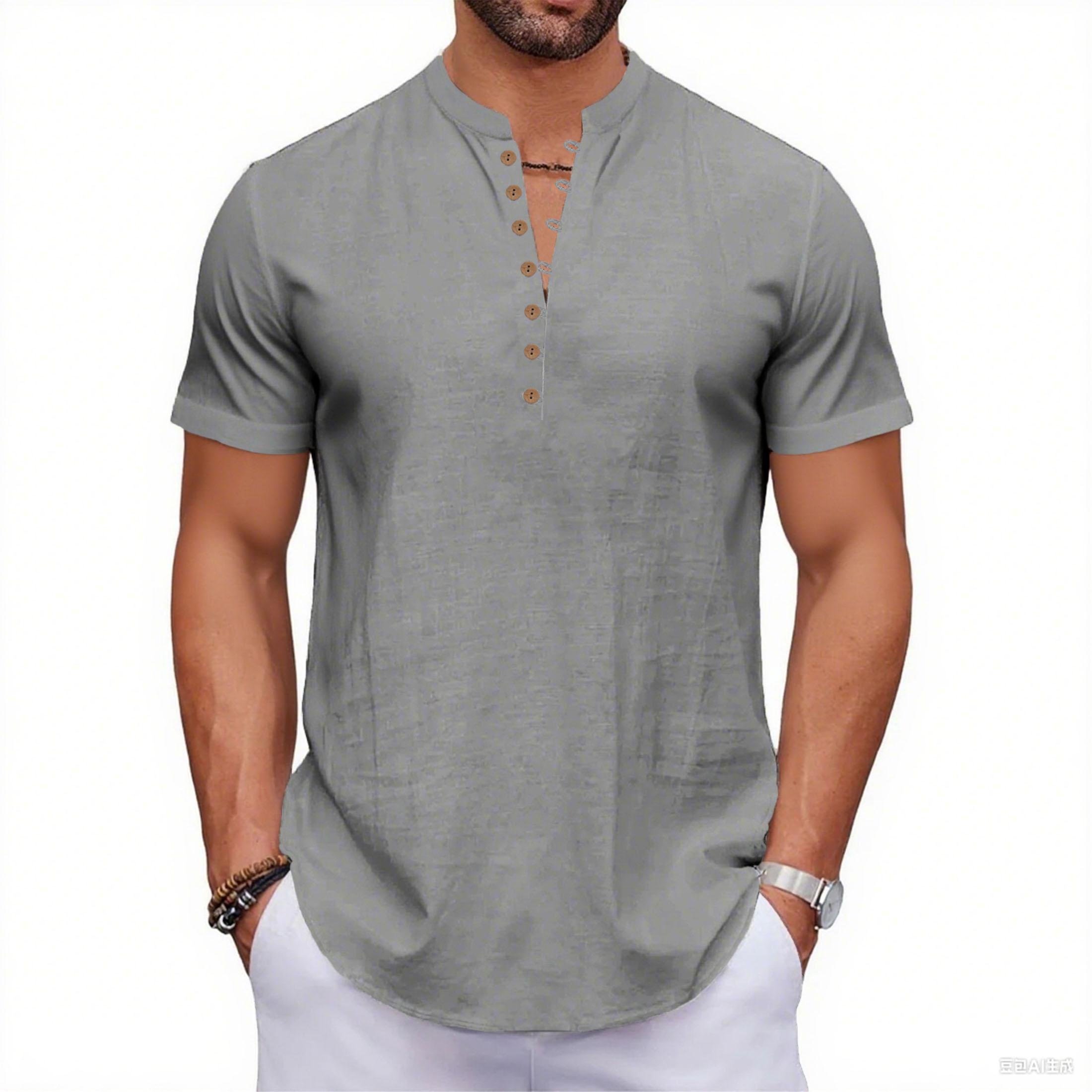 

Літня Нова Чоловіча Бавовняно-Лляна Футболка з Коротким Рукавом Дихаюча Легка Однотонна Чоловіча Мода Хенлі Виріз на Ґудзиках Топ XL