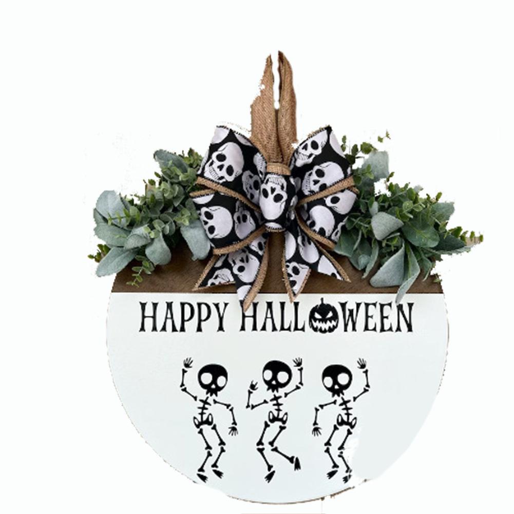 

Приветственная табличка на Хэллоуин для входной двери, подвесная, череп, тыква, бант, приветственная табличка на дверь, деревянная круглая настенная табличка для вечеринки на Хэллоуин