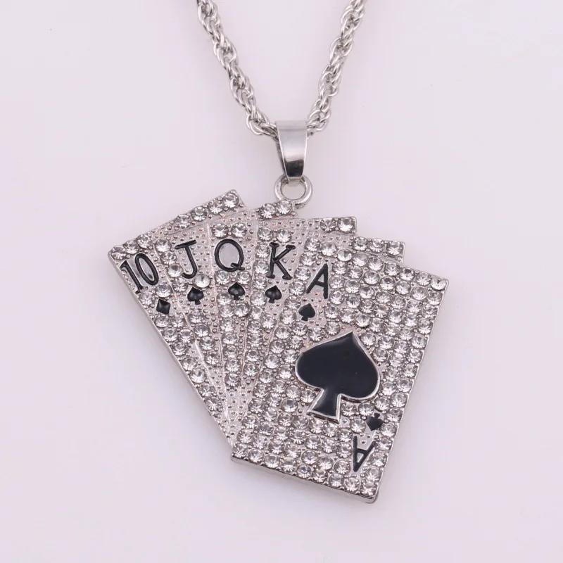 Hip-Hop Iced Out Spades Playing Card Necklace Men's Personalized Street Hip-Hop Rock Trend Jewelry Cool Luck Necklace