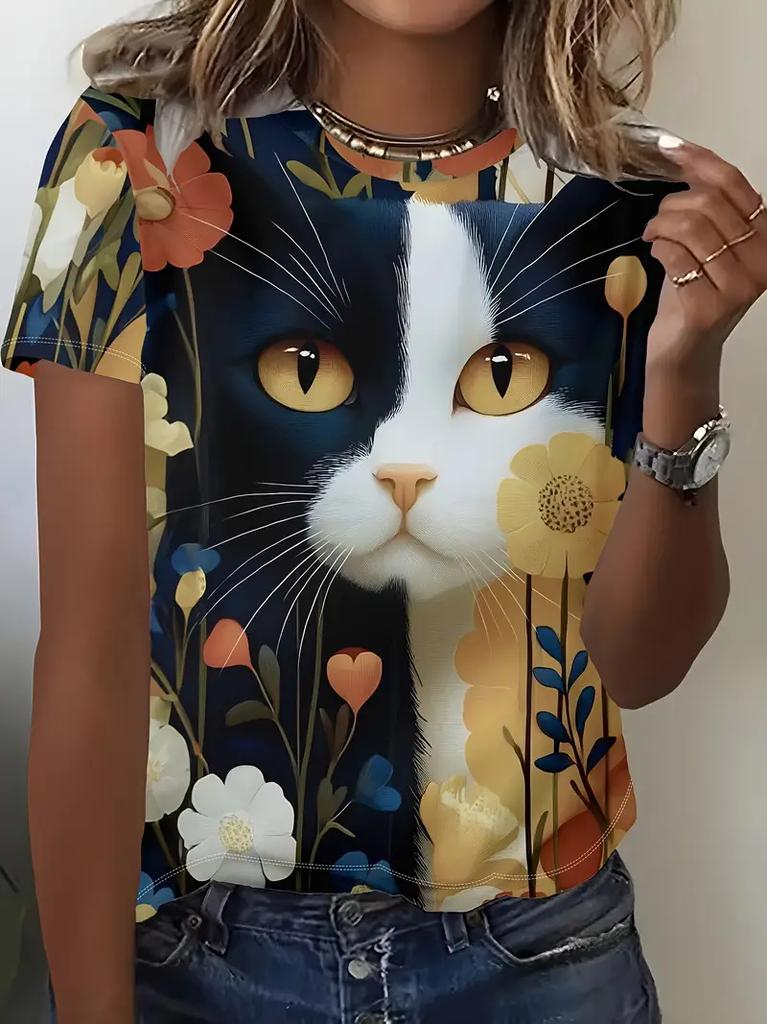 Cute Cartoon Cat Pattern T Shirt for Women Funny Animal 3D Printed Short Sleeves Tees Summer Plus Size T-Shirts O-Neck Kids Tops