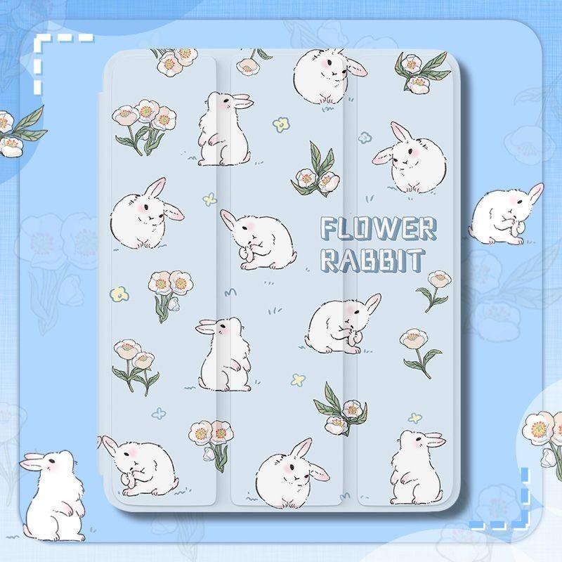 For iPad 2022 Gen10 10.9 Air4 Air5 10.9 Pro11 Pro12.9 Mini6/5/4 with Pencil Holder New High Quality Cute Floral Bunny Pattern iPad Tri-fold Flip Case