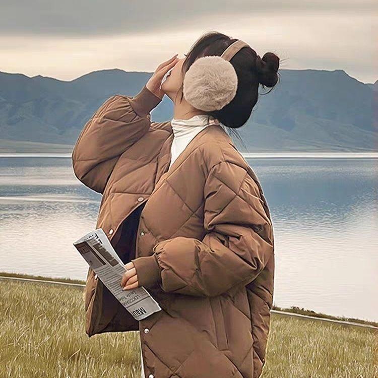 Women's Autumn Winter Solid Color Diamond Pattern Collarless Crew Neck Fashion Short Cotton Padded Jacket Lightweight Cotton Coat Outerwear