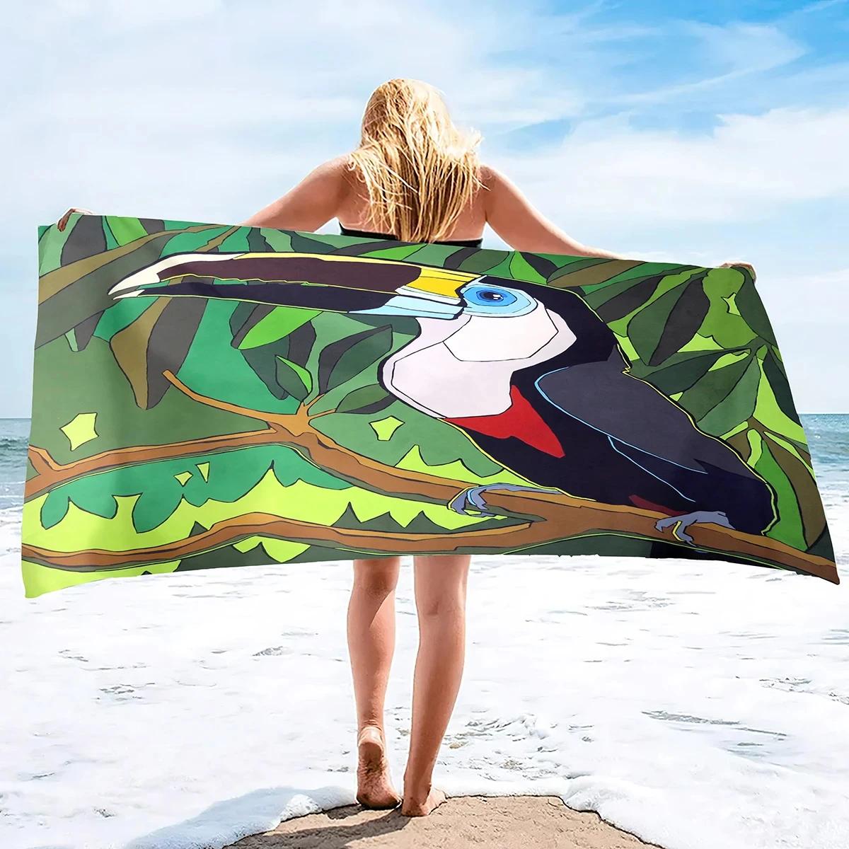 Serviette de Plage Toucan Été Faune Oiseaux Tropicaux Serviette de Bain Microfibre Sans Sable Serviettes pour Voyage, Plage, Activités en Plein Air W150*H220(CM)
