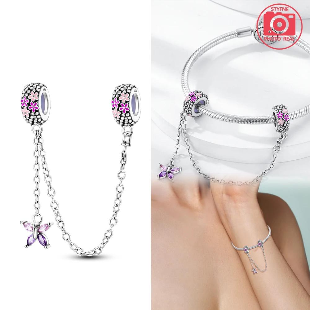 New Copper Colors Pink And Purple Butterfly Safety Chain Pendant Fit Copper Colors Original Bracelets Diy Birthday Jewelry Gift