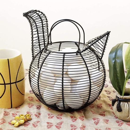 Rustic Black Metal Wire Chicken Design Egg Basket Decorative Kitchen 24.13cm