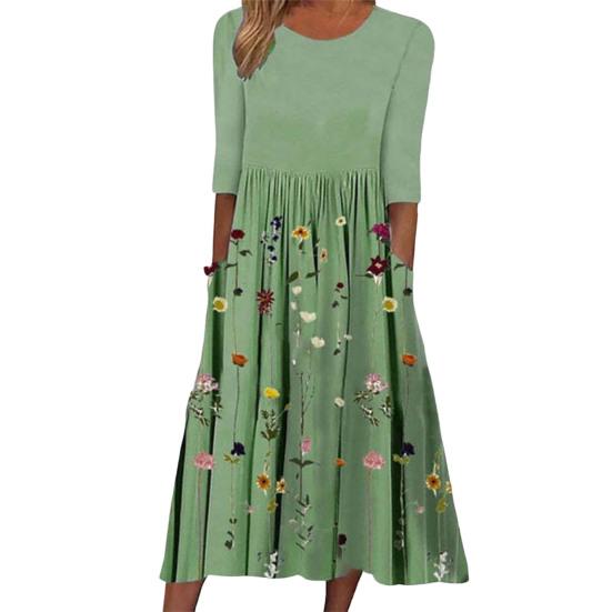Damen Sommer Fließendes Midi-Kleid Boho Floral Plissiertes Kleid mit Taschen Lässig Halbarm Rundhals Schwingkleid
