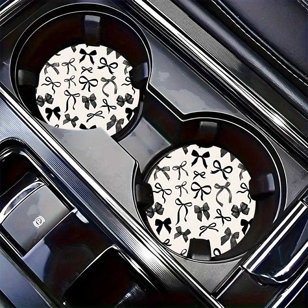 2pcs Black Bow Tie Car Cup Holder Coasters - Non-Slip Rubber Drink Mats with Elegant Bow Tie & Leaf Pattern, Fit for Car Cup Holders