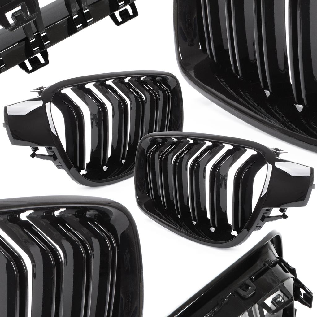 BMW 3 F30 / F31 11-15 BERLINA / STATION WAGON griglie tra i fari (reni) set sinistra + destra DOPPIA BARRA NERA LUCIDA