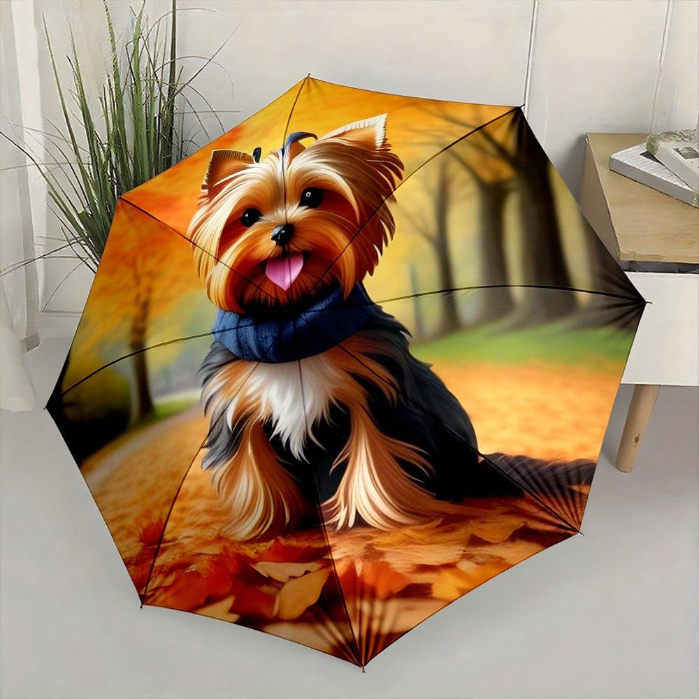 Yorkshire Terrier Dog Umbrella with Autumn Leaves - Automatic Open/Close, Compact Folding Umbrella, Portable Pet Lover Gift Fo