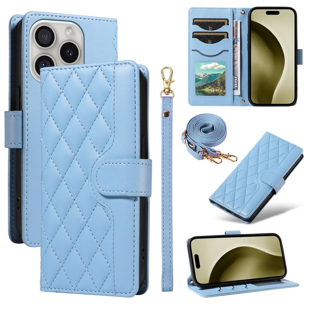 For iPhone 16 Pro Crossbody Case Rhombus Flip Leather Handbag Phone Cover