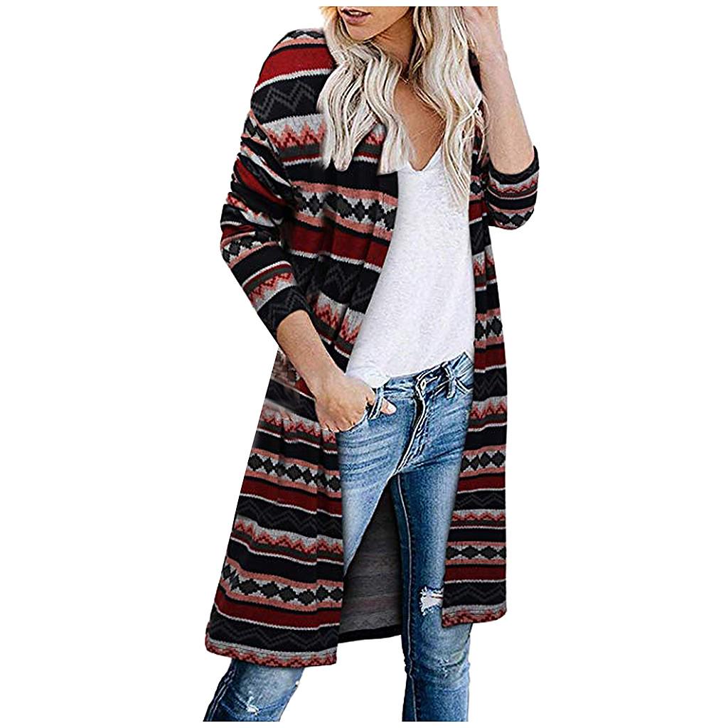 Women's Open Front Leopard Cardigan Pockets Long Sleeve Lightweight Sweater Coat