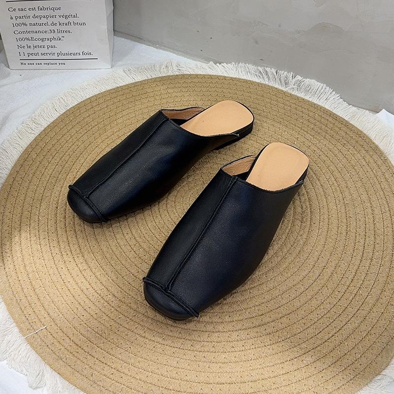 Johnature Retro Splicing Šití Ploché Pantofle Kulatá Špička Pravá Kůže Měkká Podrážka Jednobarevné Dámské Boty