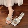 Fashion Sequin Slippers Women's Square Head Shallow Mouth Flower Fine Strap Toe Slip-resistant Kitten Heels