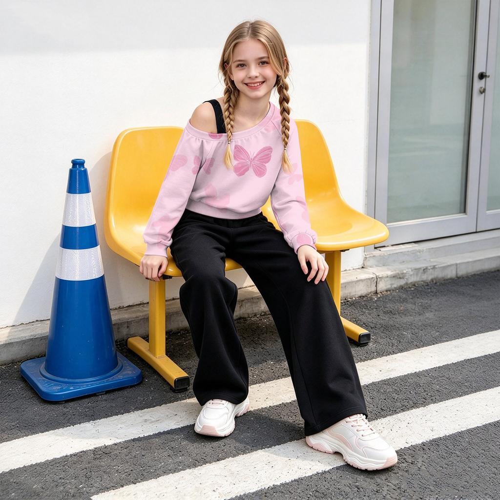 Girls' Casual 2 Piece Outfit Off Shoulder Print Sweatshirt and Black Wide Leg Pants Set