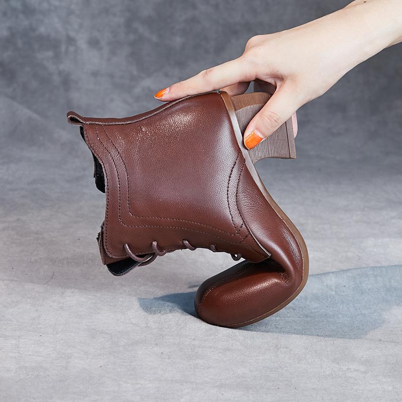 GKTINOO Jesień Zima Ciepłe Buty Damskie 2025 Retro Ręcznie Robione Sznurowane Prawdziwa Skóra Okrągły Nosek Damskie Grube Obcasy Botki