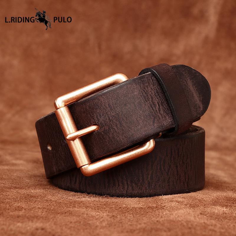 Heavy-duty Washed and Distressed Thickened Top-grain Cowhide Men's Leather Belt, American Retro Style Genuine Leather with Copper Buckle