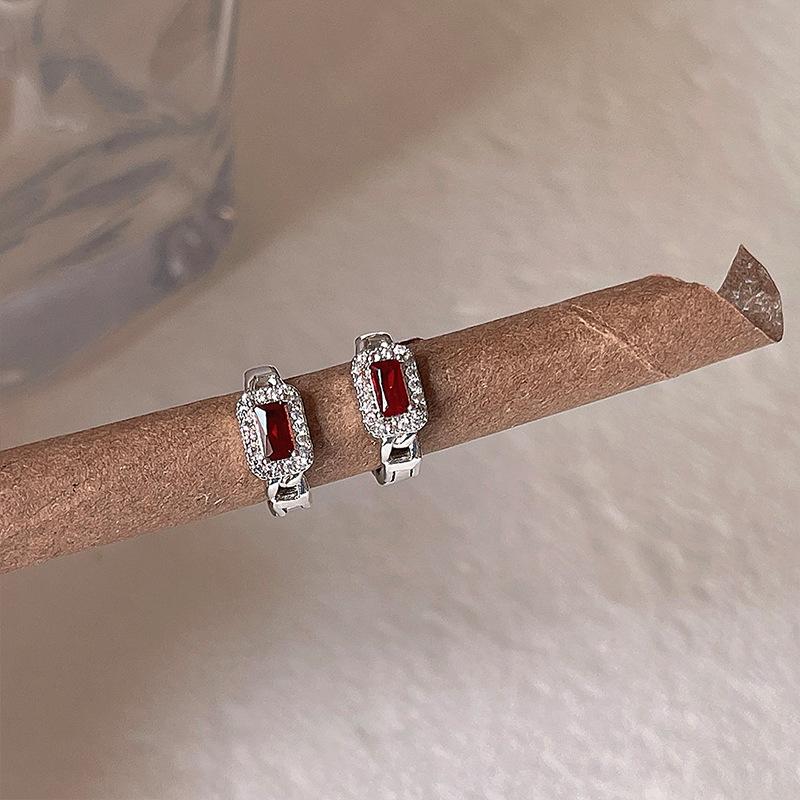 Red Zircon Ear Buckle Women's Light Luxury Temperament Fashion Geometric Earrings Earrings