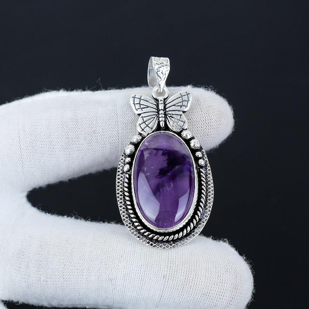 Natural Amethyst Gemstone Silver Pendant In 925 Sterling Silver- Handmade Butterfly Design, Everyday Wear Jewelry, Unique Pendant Wadding Gift