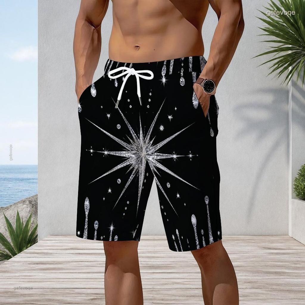 Mens Black Gold Glitter Drip Print Quick Dry Beach Shorts Plus Size Drawstring Loose Swim Trunks For Summer Surfing Swimming Vacation