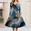 Women s Plus Size V Neck Long Sleeve Printed Black Gold Gray A Line Dress With Waist Belt