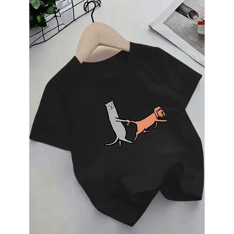 

European sizes Short-Sleeved T-Shirt with Cartoon Cat And Dog Patterns, Perfect for Summer Wear, Comfortable And Versatile—Suitable for Children 164cm чорний