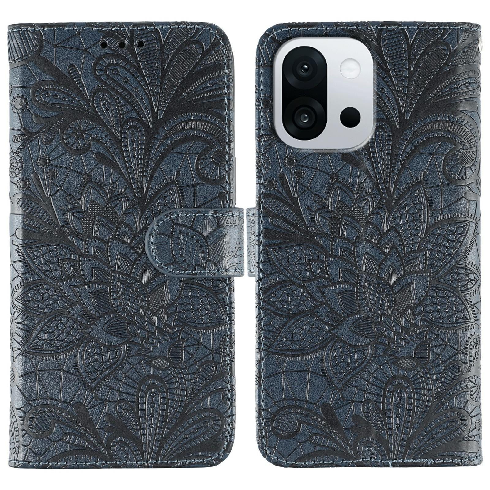 

For OnePlus 13T 5G Case Lace Flowers PU Leather Flip Wallet Phone Cover Dark Blue
