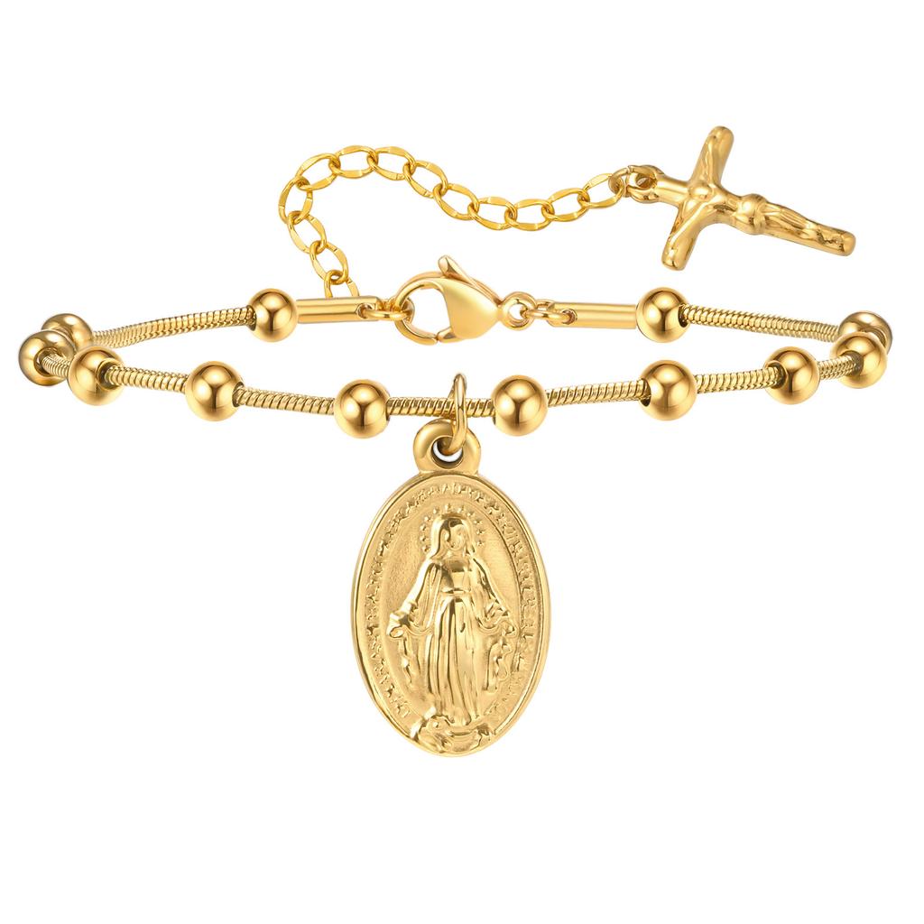 Vnox Stainless Steel Women's Rosary Bracelets, Saint Benedict Virgin Mary Jesus Cross Prayer Bracelet , Trendy Religion Jewelry
