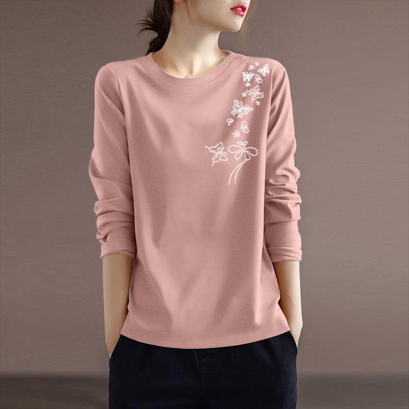 Spring and Autumn Women's Pullover Round Neck Plant&Flowers Printed Butterfly Contrast Long Sleeve T-shirt Underlay Elegant Tops