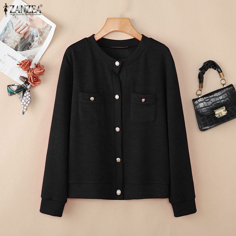 ZANZEA Women Casual Round Neck Loose Long Sleeve Thin Cardigan Blouse